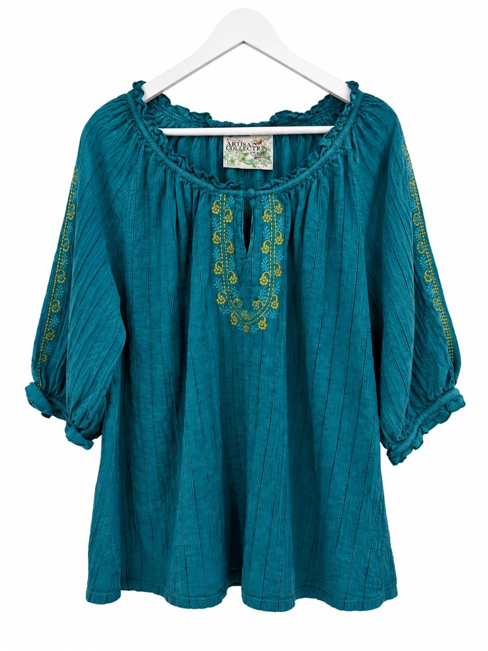 Avenue Persian Chic Artisan Teal Embroidered Boho Peasant Blouse Size 18 20